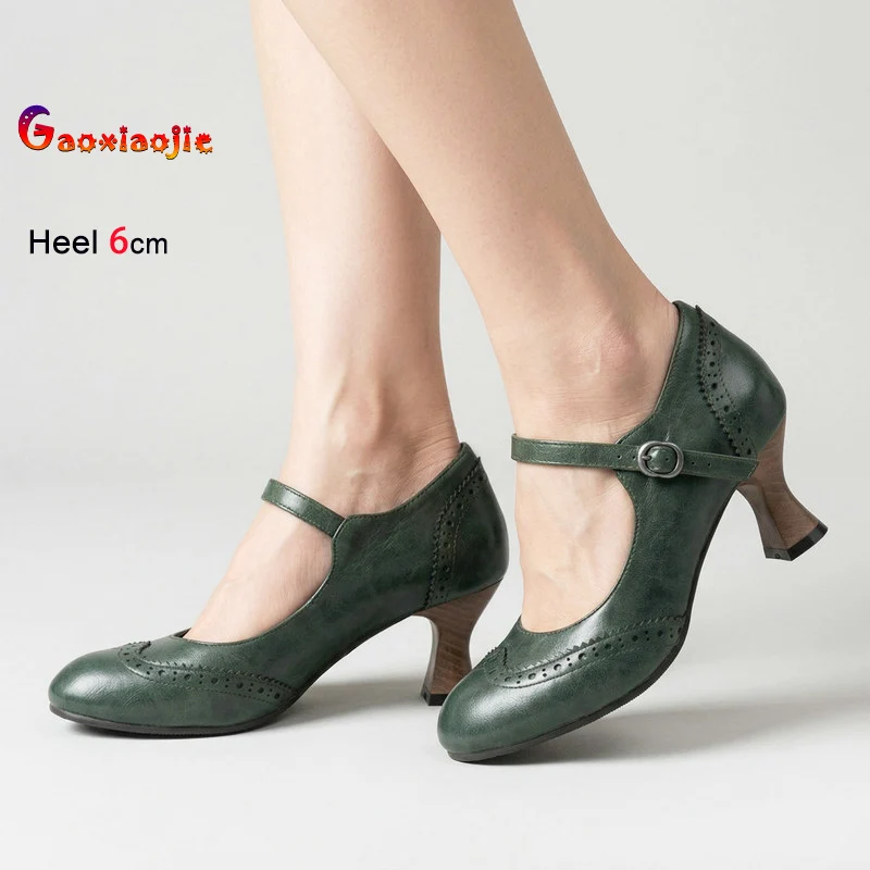 

Green Round Toe Women Pumps 6CM Thick High Heel Daily Single Shoes Retro British style Woman Buckle Strap Carved Brogue Shoes CD