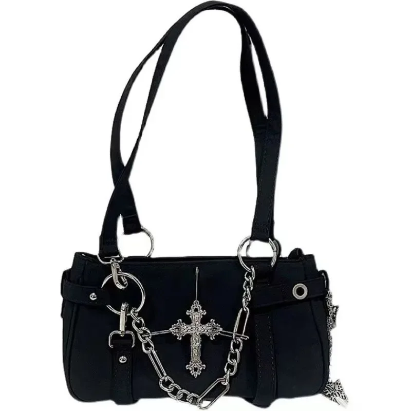 Retro Cross Punk Y2k Gothic Locomotive Star Handbag Women Nylon Chain One Shoulder Cool Girl Large Capacity Wallet Crossbody Bag