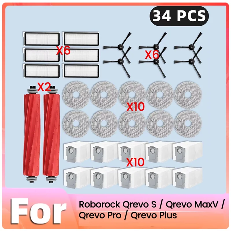 

KYCOR-34 шт. основные боковые щетки, фильтры, мешки для пыли для швабры для Roborock Qrevo Pro/Qrevo Maxv/Qrevo S/Qrevo Plus, детали для пылесоса B