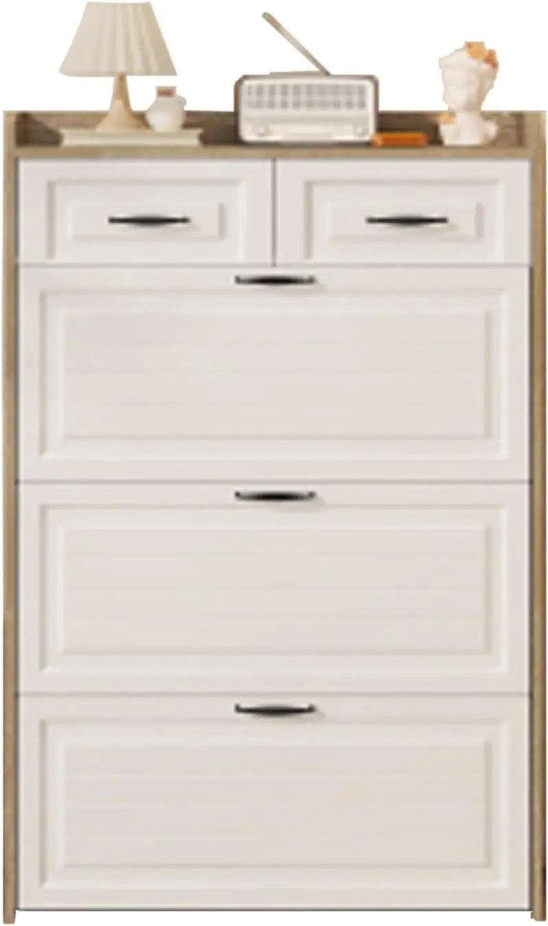 

New Oak Color Shoe Cabinet With 3 Doors 2 Drawers With Hanger,Pvc Door With Shape,Large Space For Storage (White-A)