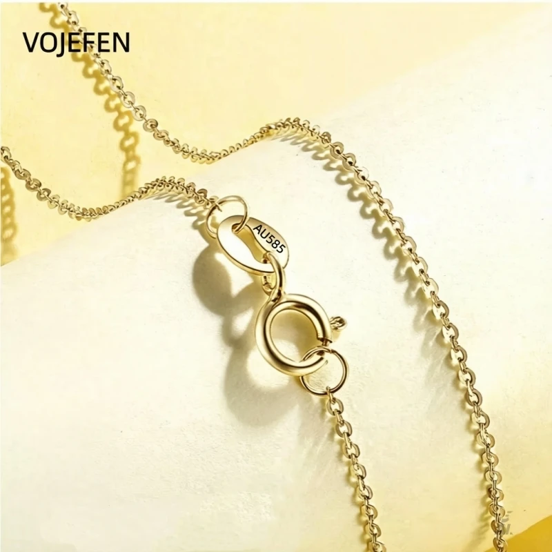 VOJEFEN 14K Real Gold Necklace AU585 Stamp O Chain 45-60cm Women Men Fine Jewelry Daily Wear Minimalist Luxury Gift Certificate