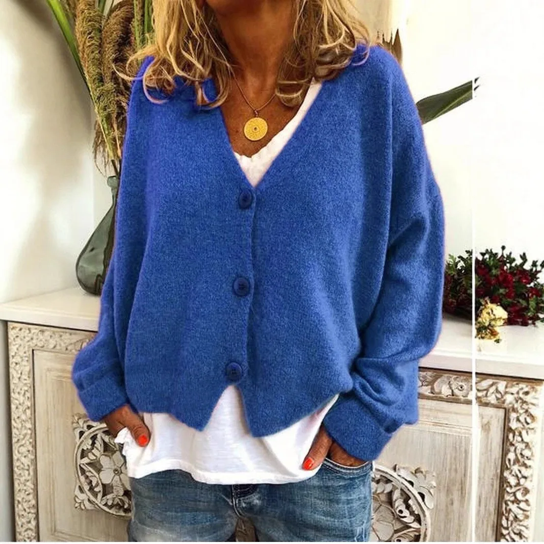 Women's Winter Clothing Cardigan with Batwing Sleeve Loose Fit V Neck Long Sleeve Solid Color Three Button Two Piece Set