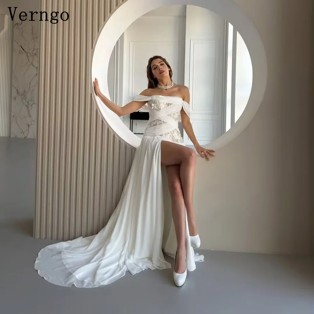 Verngo Modern lvory Chiffon Wedding Dress Sweetheart A Line Pleated Prom Bride Gowns Women Side Slit Bridal Dress Customized