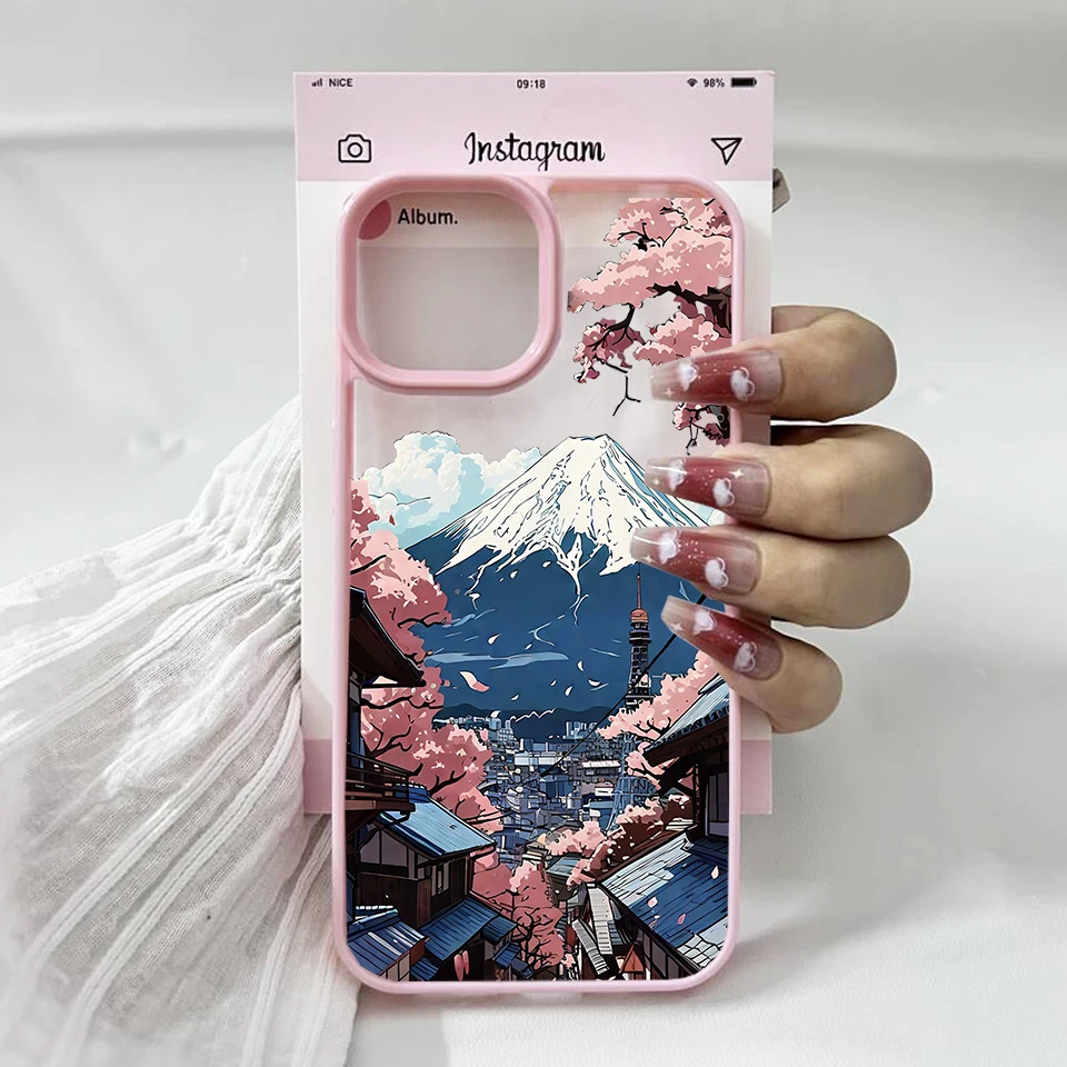 Japan Anime Sonnenuntergang Berglandschaft Handyhülle für iPhone 17 16 17 Air 15 13 14 12 Mini 11 Pro Max XS XR 8Plus Rosa Hard Cover