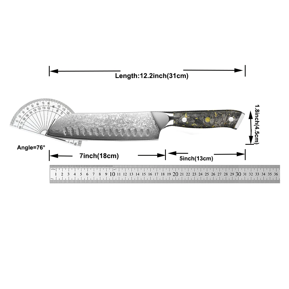 Professionelles Santoku-Messer aus Damaststahl, handgeschmiedetes VG-10-Küchenmesser für das Hacken von Fleisch, Fisch, Obst und Gemüse – Detail 5