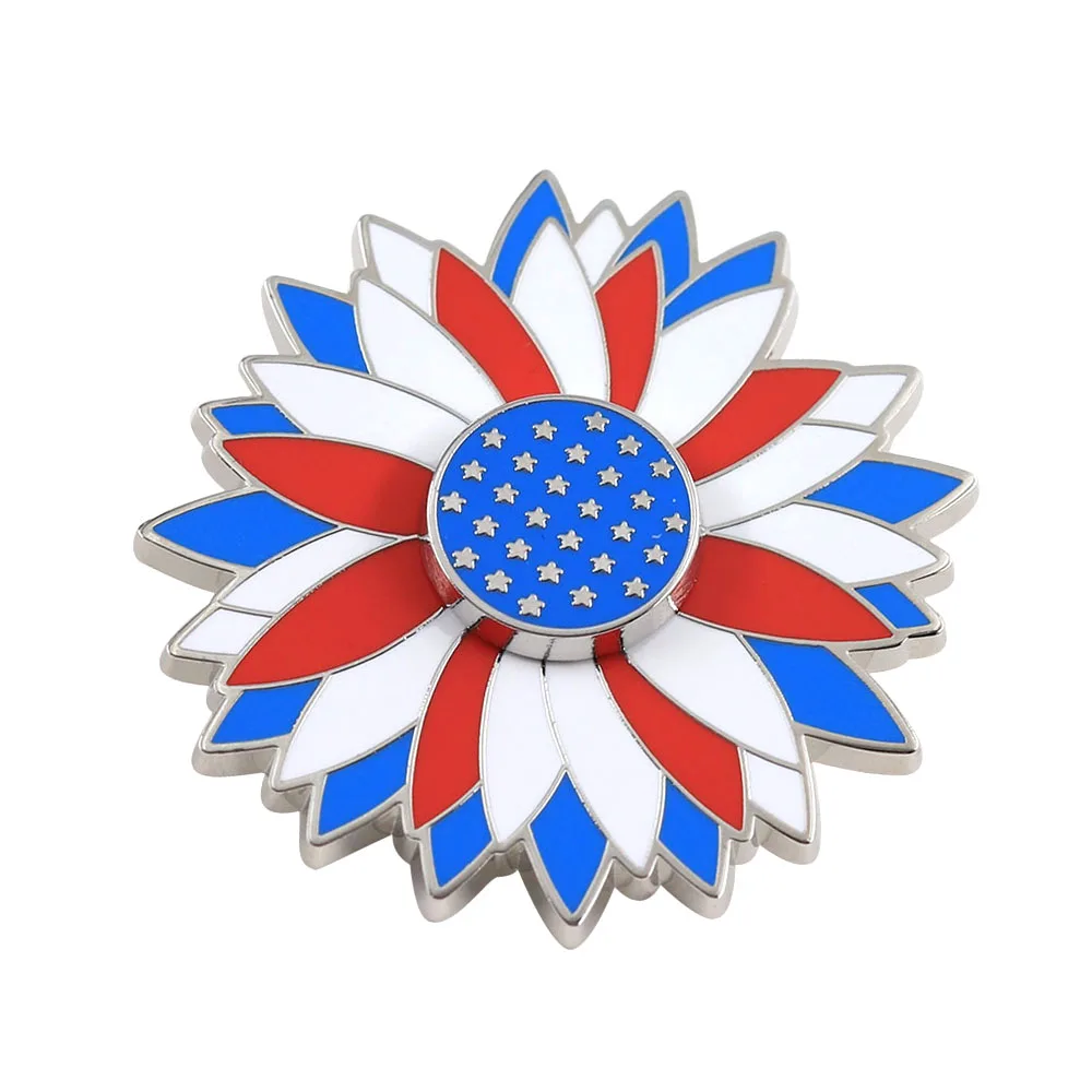 Amerikanische Flagge, Sonnenblumen-Brosche, rot-weiß-blauer Stern, Flaggen-Metallabzeichen, drehbare Blumen-Emaille-Pin, patriotische Dekorationen – Detail 1