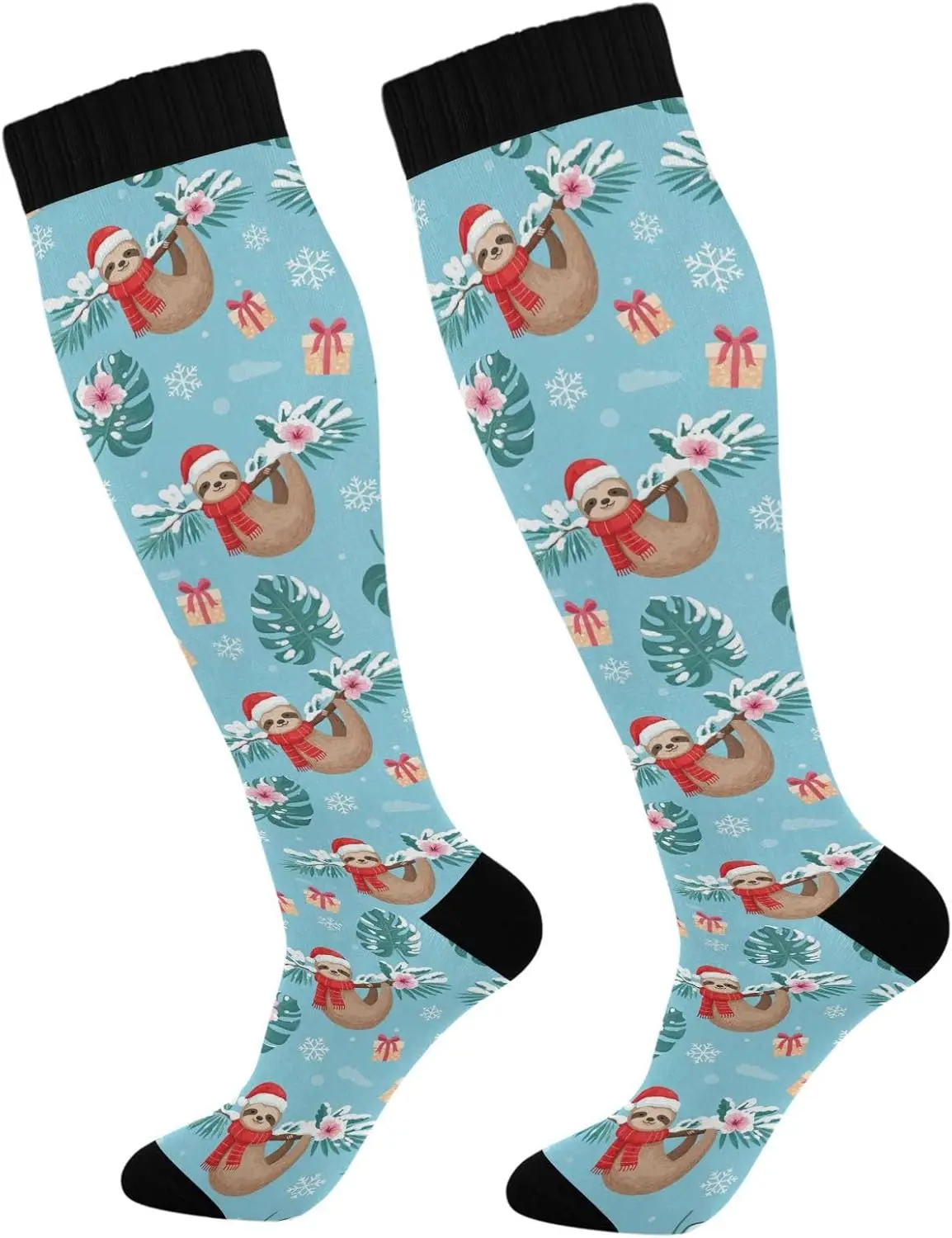 Christmas Sloth Flora Compression Socks for Women Men Circulation Long Socks Breathable Soft Knee High Sock for Hiking Sports