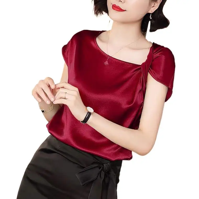 

Office Lady artificial silk Tops Summer Short Sleeve Blouses Satin Blouse Fashion Simple Solid 5XL 6XL Loose Shirt Blusas