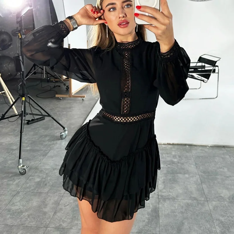 

Ticketsx Hollow Out See Through Dress Women Black Patchwork High Waist Slim Dress Elegant Vintage Street Party Clubwear Vestidos