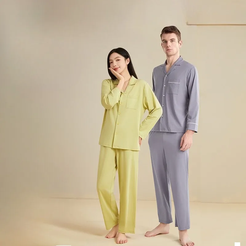 

Spring and Summer Lapel Women's Pajamas with Chest Pads, Men's Combed Cotton Long-sleeved Shirts and Long Pants Home Wear Sets