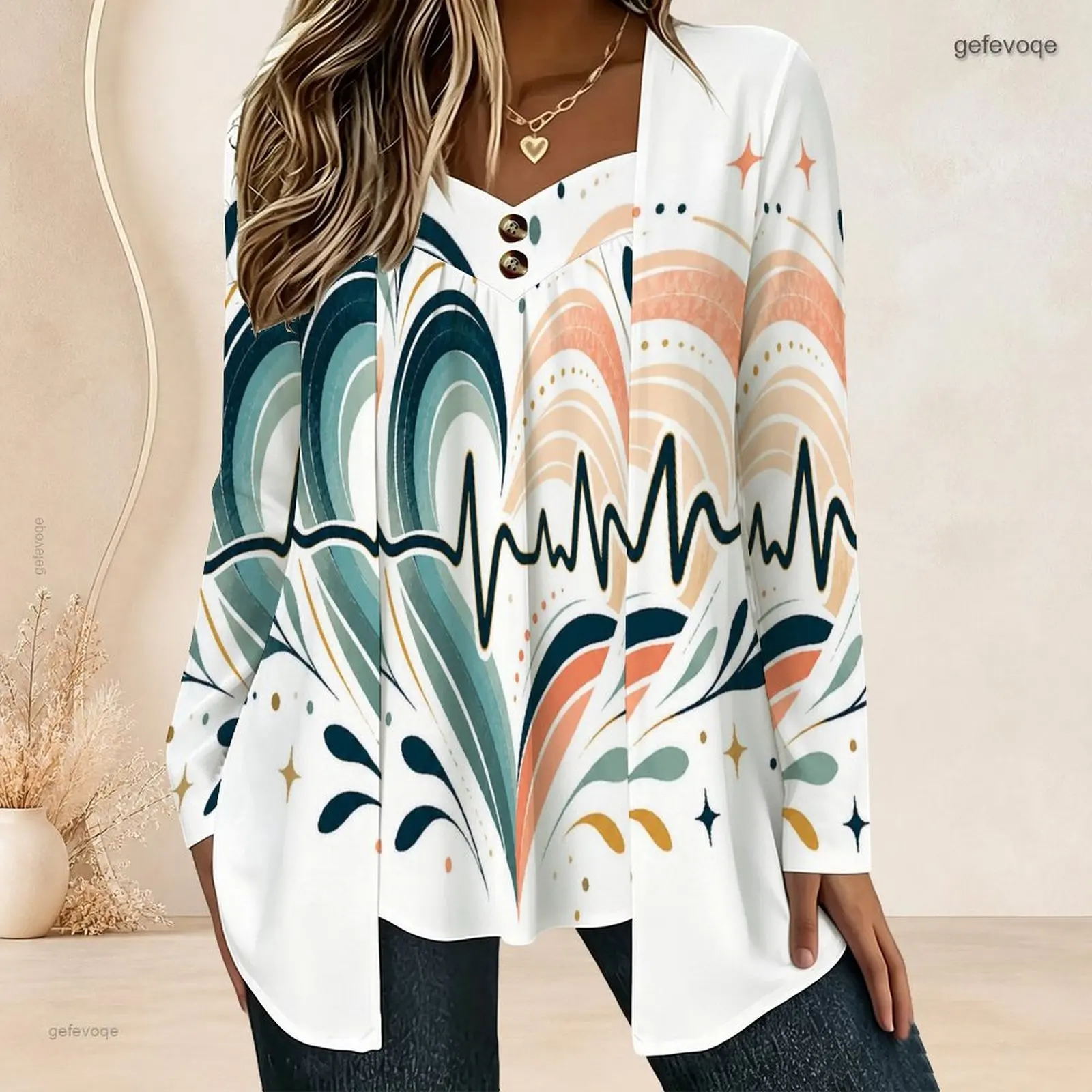 Women Fake Two Piece Long Sleeve Blouse Open Cardigan With Cami Top V Neck Button Detail Pleated Front Loose Tunic Oversize