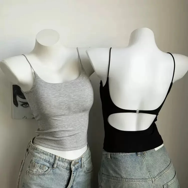 Camisola Sexy de verano con espalda descubierta, diseño recortado de encaje con sujetador incorporado, camisa sin mangas con espalda en U para mujer, cómoda y elegante