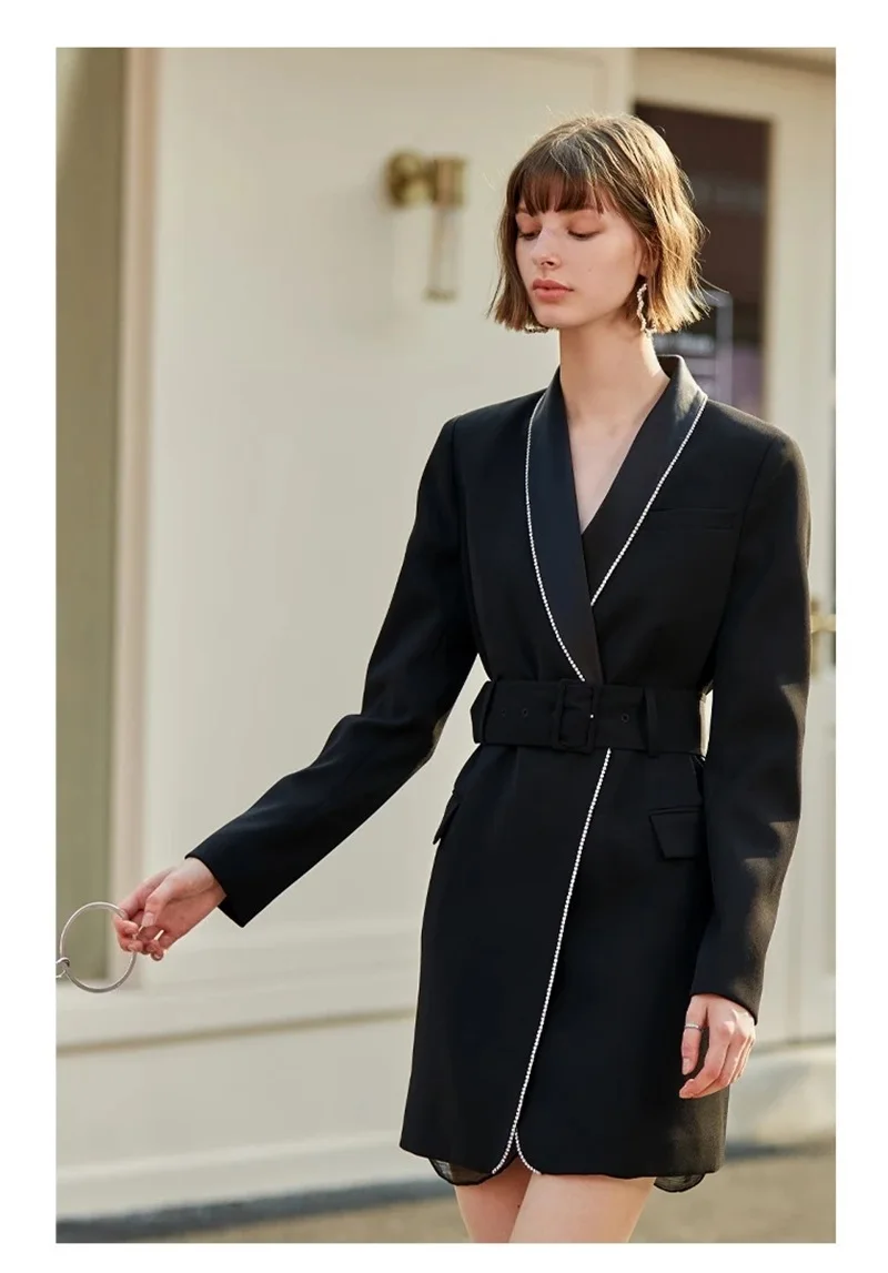 Traje de trabajo de perlas negras para mujer, Blazer largo hecho a medida con cinturón, chal de diseñador, solapa, vestido de fiesta de graduación, 1 piezas