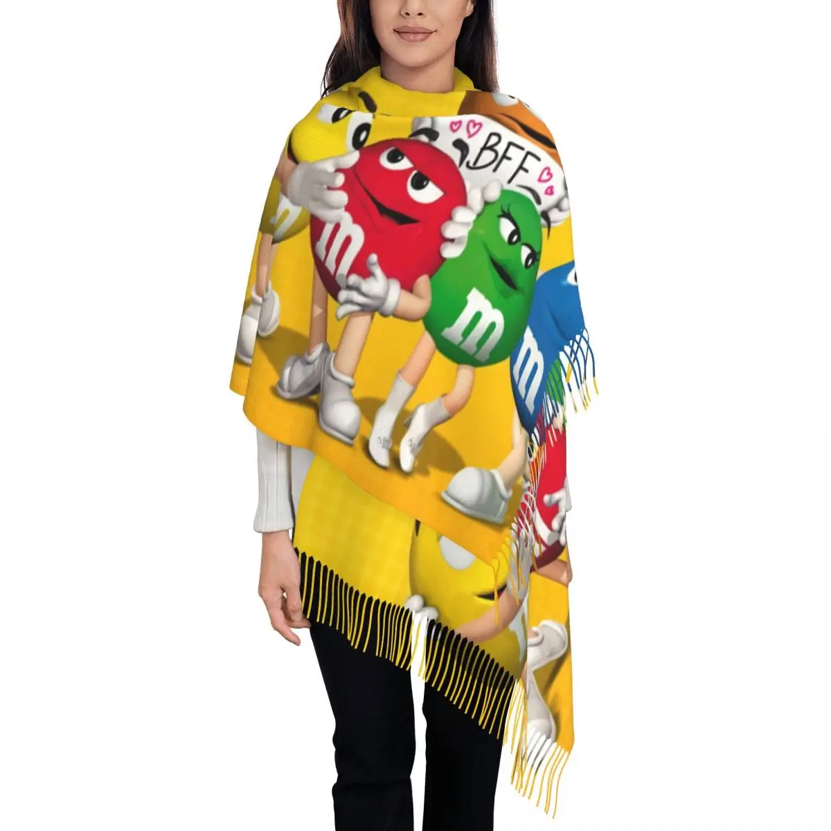 

Female Large M&M Candy Character Scarves Women Winter Thick Warm Tassel Shawl Wrap Funny Candy Cartoons Scarf