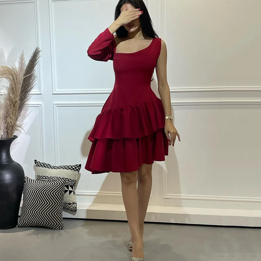 Burgundy Cocktail Dress One Shoulder A Line Tiered Mini Cocktail Gowns for Women Off the Shoulder Long Sleeve Short Party Dress