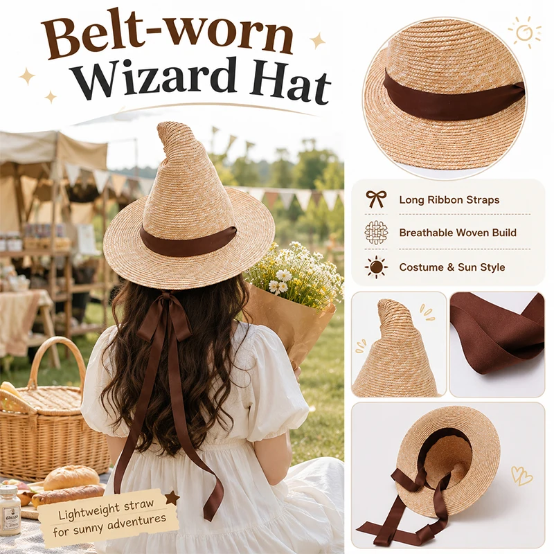 Women Pointed Witch Straw Hat Wide Brim Sun Hat Brown Ribbon Lace-up Halloween Cosplay Party Costume Beach Travel Headwear Caps