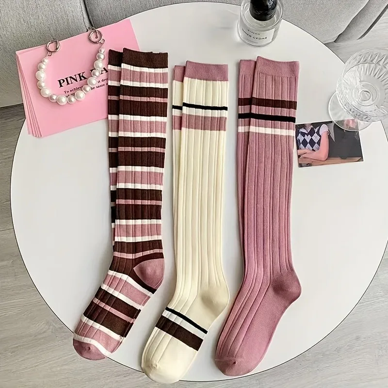 3 Pair of Pink Striped Calf Socks for Suitable for Autumn, in a Japanese Style, JK Uniform, Sweet High-calf Stockings