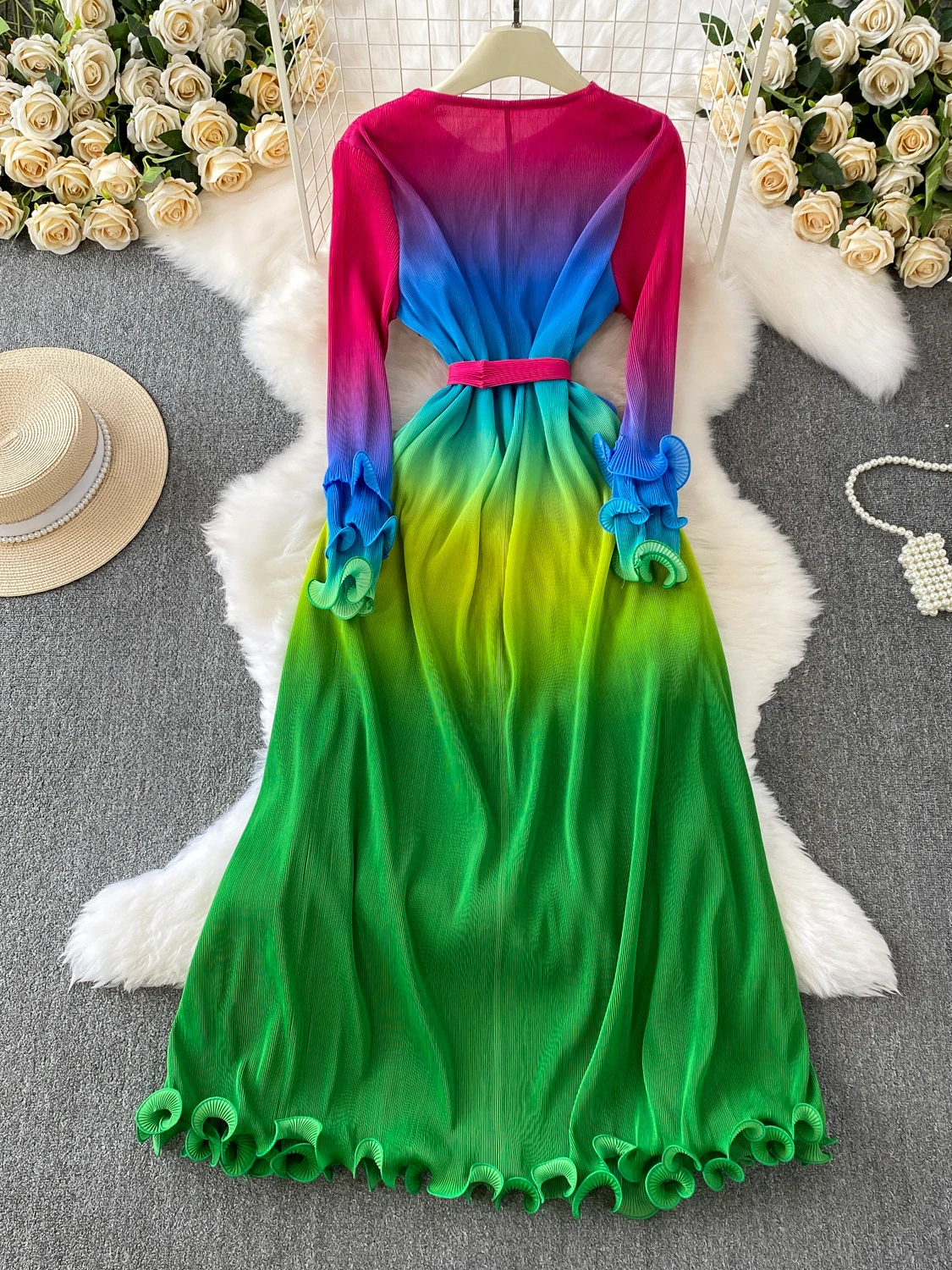 E Vestido Largo de Noche para Mujer, Vestido de Cintura Alta con Corte en A, Cuello Redondo, Color Deadado, con Deco...