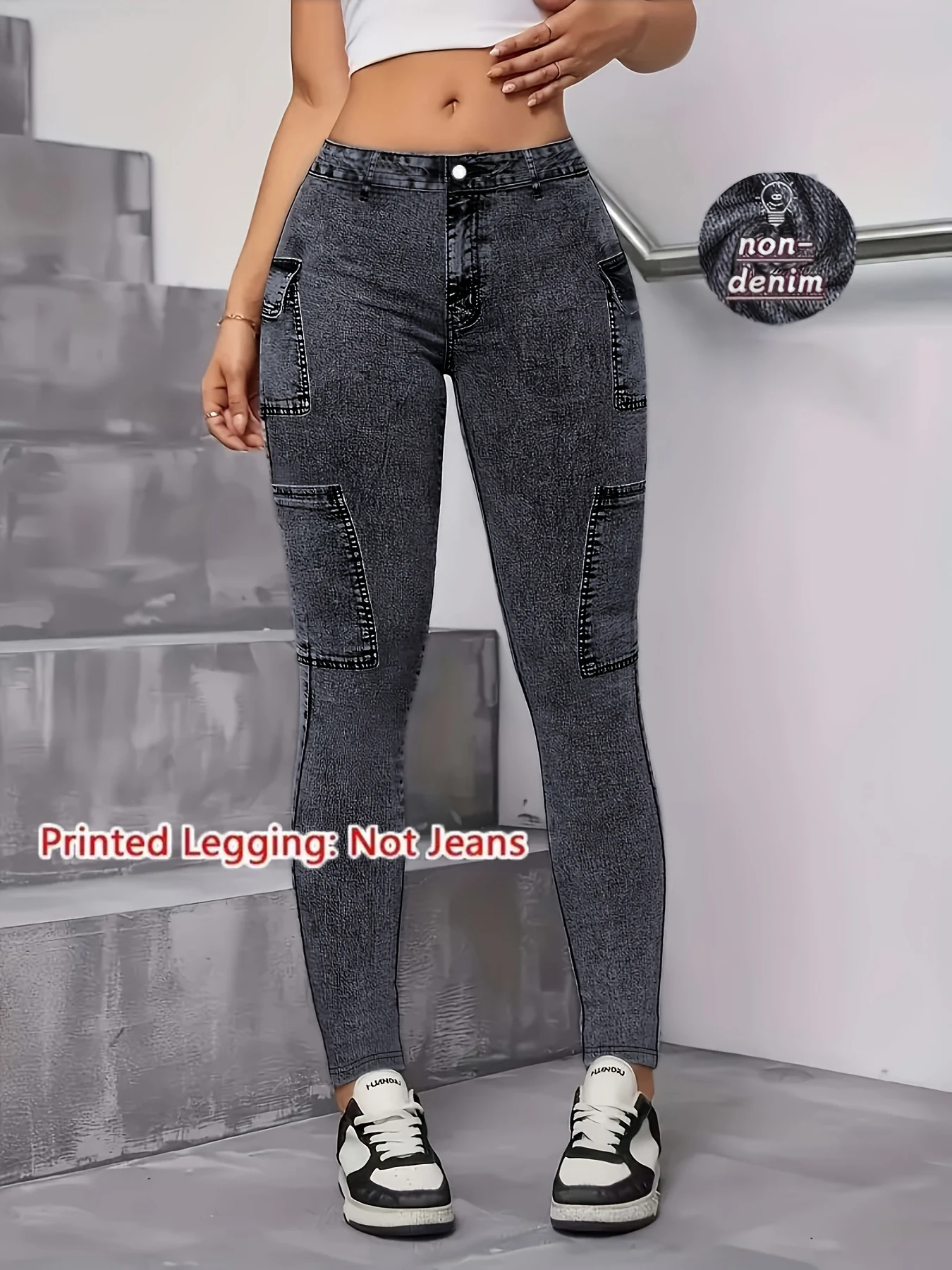 Women New Classic Stretchy Imitation Denim Skinny Jeggings Navy Blue Non-Denim Fabric Casual Sports Slim Long Pants