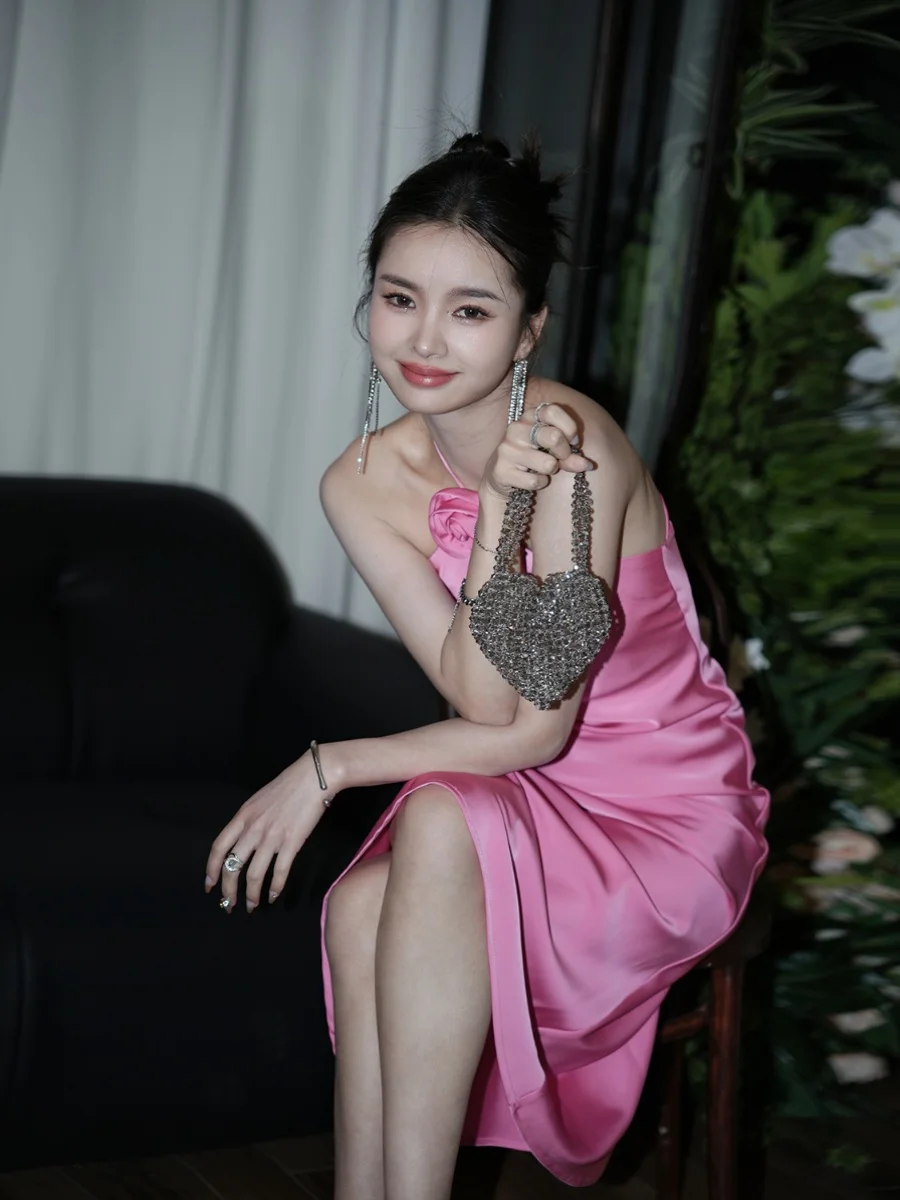 

Pink Satin Floral Ne Hanging Bal Strap Dr Birthday Dr Ele High Waist A-Line Skirt Svel Gown