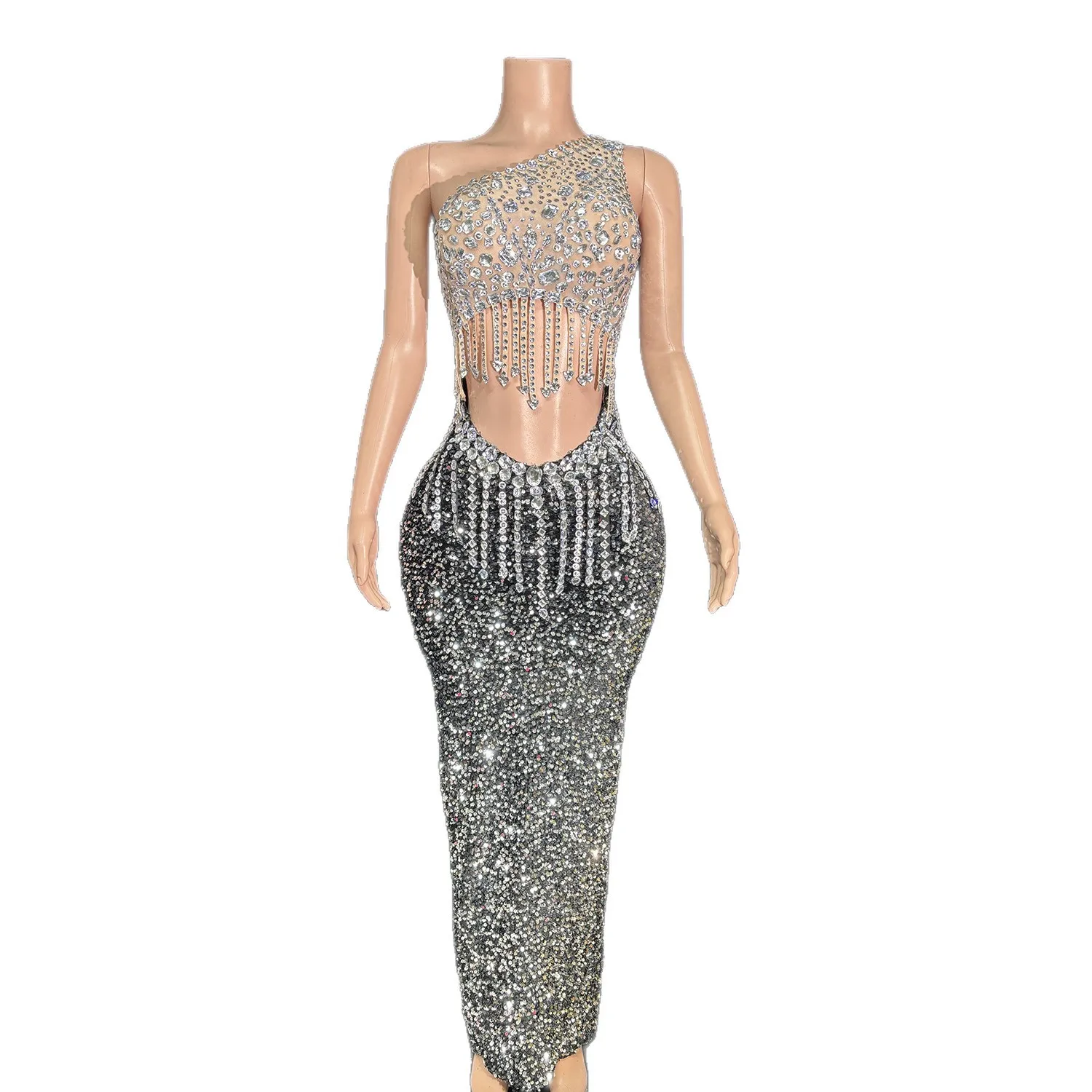 Handmade Bling Silver Rhinestone Bodysuit Luxury Crystal Tassel Fitted Women Nightclub Stage Evening Prom Gown Birthday Dress