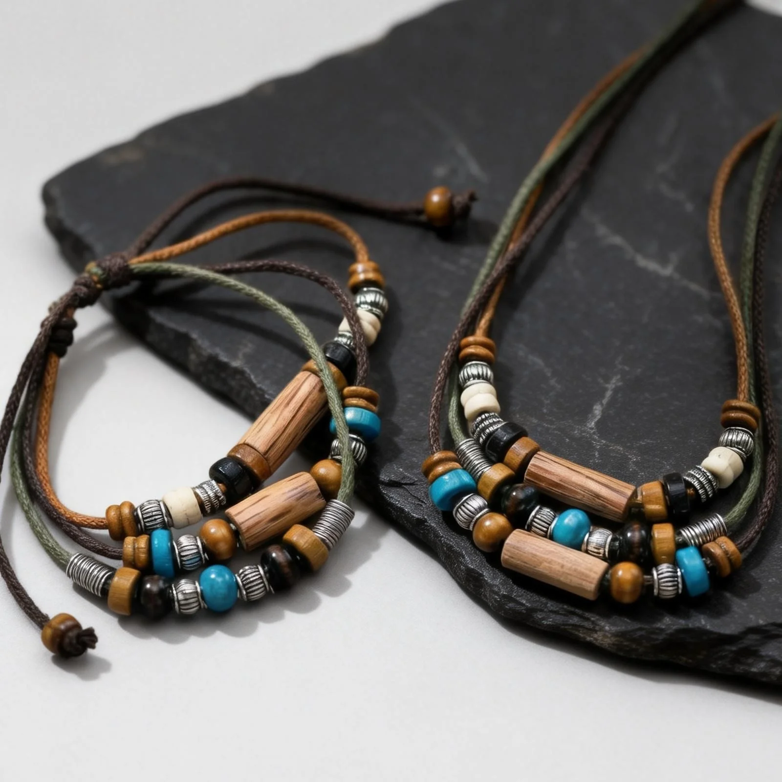Vintage Holzperlen-Lederkette für Männer, 2-teiliges Set Mehrschichtiges Geflochtenes Halsband-Armband Schmuckset Geschenk – Detail 6