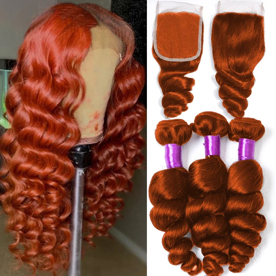 # Mechones de ondas profundas sueltas de color naranja jengibre 350 con cierre de encaje Frontal transparente HD 5x5 6x6 y mechones extensiones de cabello humano