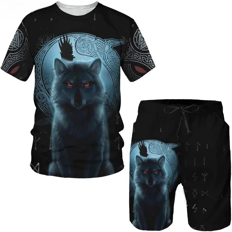 

2025 Summer 3D Wolf Printed T-shirt Shorts Fashion Hip Hop Round Neck Short Sleeve Top Unisex Cool Animal Sports Set