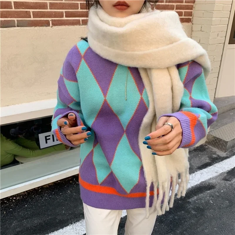 

Пуловеры в стиле преппи, женские популярные свитера, зимние термоэлегантные французские винтажные хипстерские свитера с круглым вырезом Argyle Mujer, классические популярные уютные