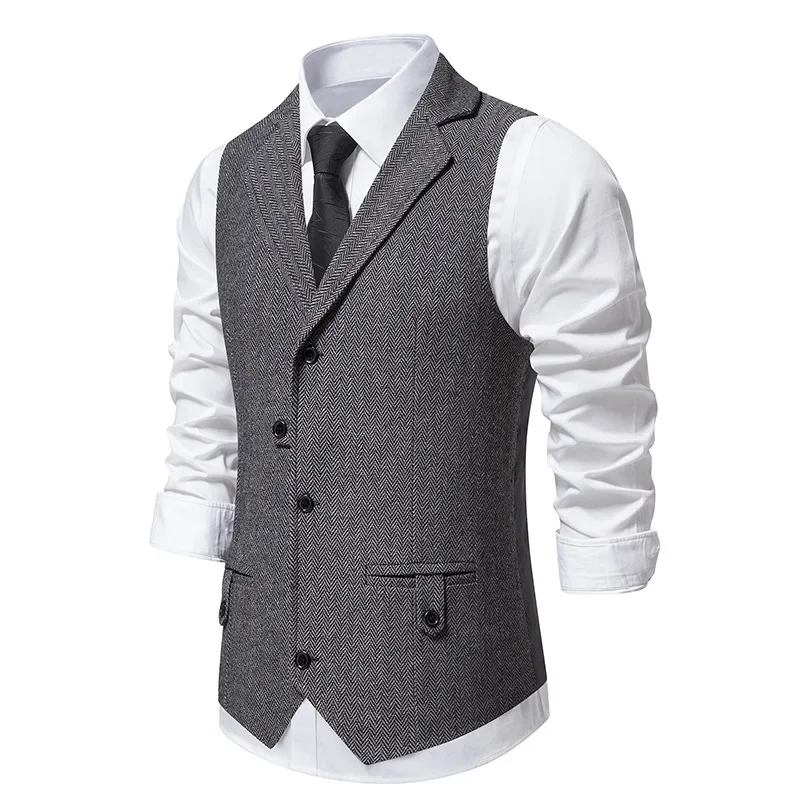 Mens Vintaqge Lapel Herringbone Tweed Suit Vest Elegant Suits Vests Business Formal Casual Waistcoat Man Gilet Costume Homme XXL