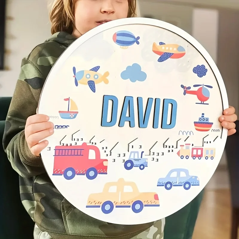 Letrero de madera personalizado con nombre para el bebé más querido, decoración de habitación infantil con temática de avión y coche, placa para dormitorio infantil