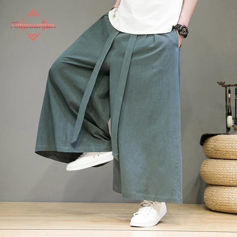 

Summer New Men's Cotton Linen Pants Bell Bottoms Thin Style Solid Color Drawstring Plus Size Casual Pants Chinese Style