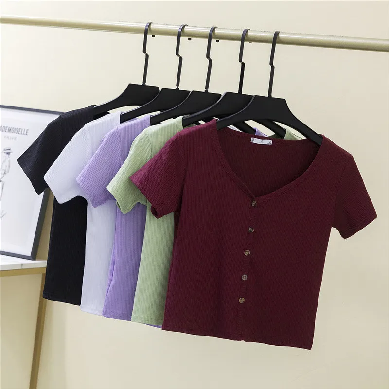 

ort Sve T-irt Women Summer Tight V-Ne Belly Button out Design Sense ow oulder High Waist Top Base irt