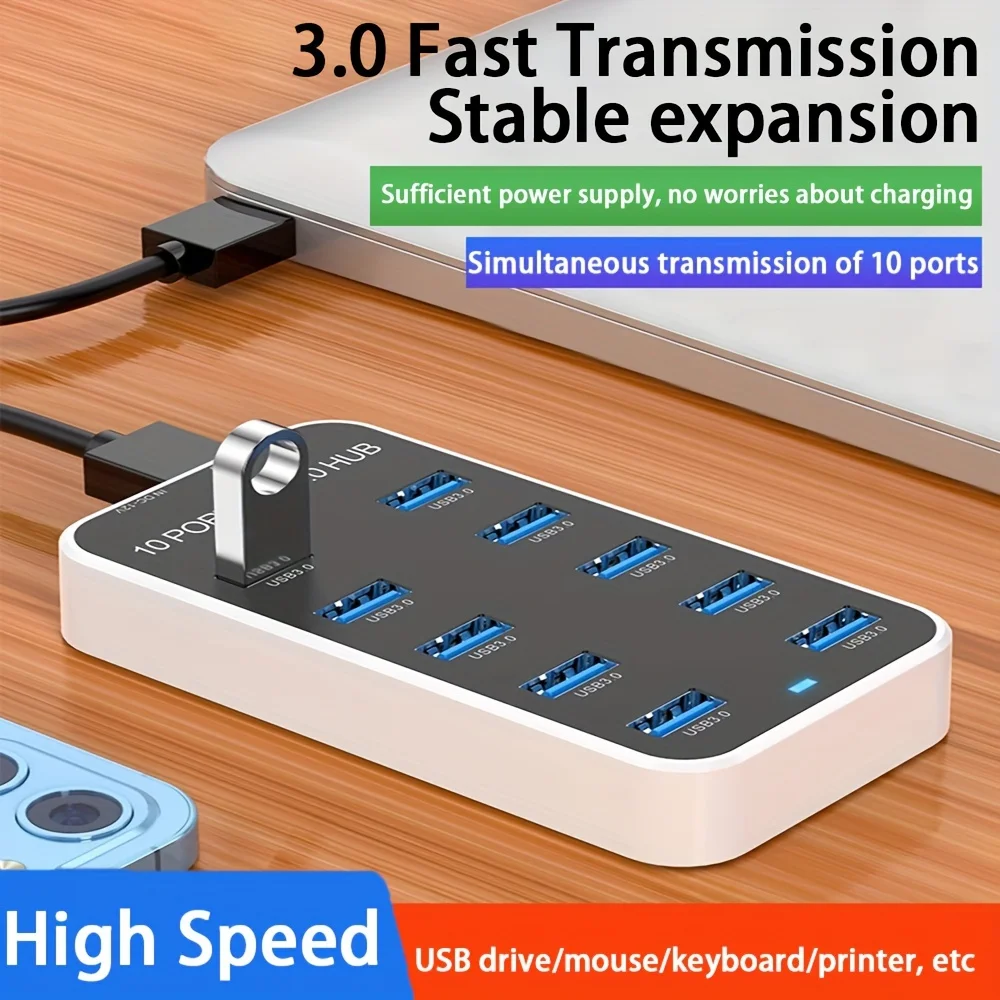 10‑Port USB 3.0 Hub Multi‑Port Splitter USB Expander Docking Station High‑Speed Data Transfer For Laptop PC U Disk Flash Drive
