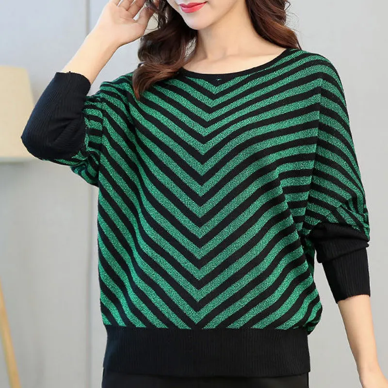 Spring Autumn Vintage Striped Wave Cut Spliced Knitted Sweaters Female Loose Batwing Sleeve Stylish Bright Silk O-Neck Jumpers