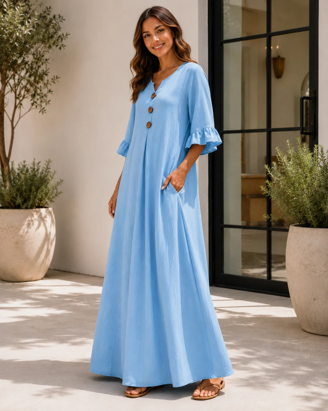 Übergröße Europäisches und Amerikanisches Cross-Border Herbst- und Winterkleid in Unifarbe für Damen mit V-Ausschnitt, Langes Modisches Elegantes Kleid – Detail 3