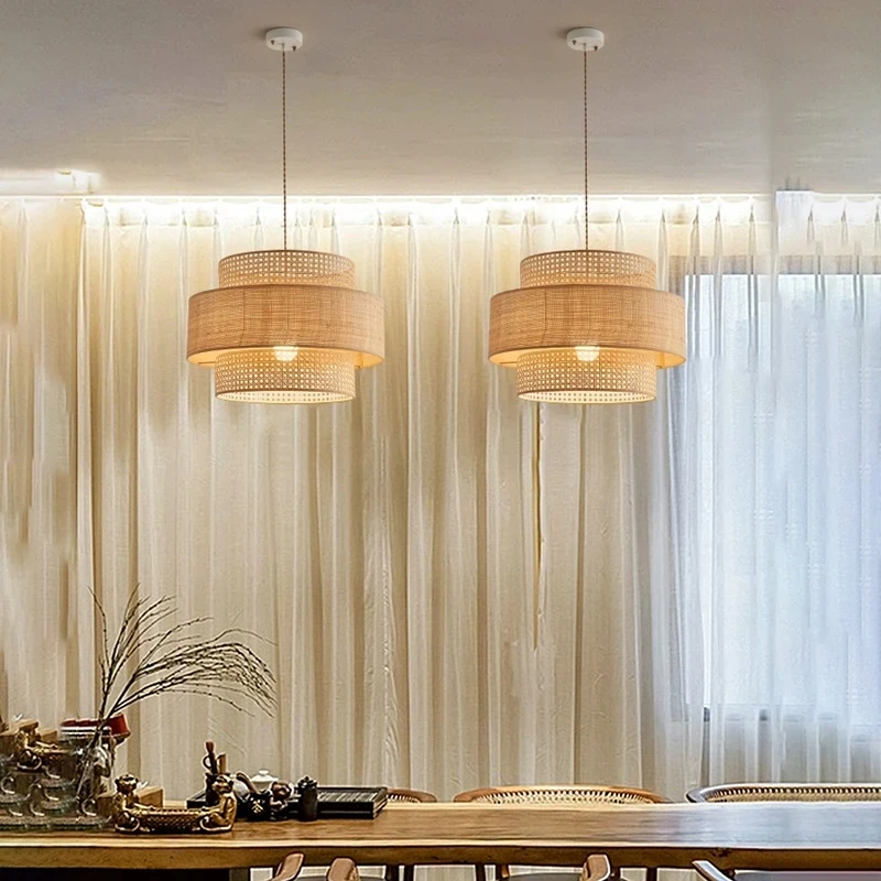 

Nordic Restaurant Bar Woven Rattan LED Chandelier Living Dining Room Bedroom Light Retro Industrial Style Hanging Lamp Fixture