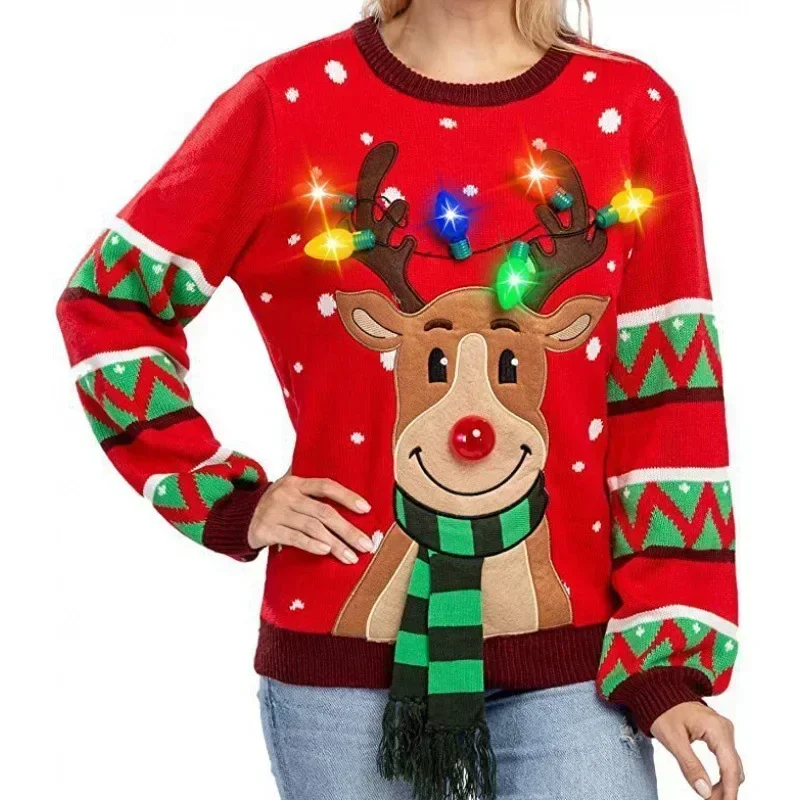 2024 Christmas Elk Knitted Sweater, Novel Christmas Atmosphere Sweater with LED Lights