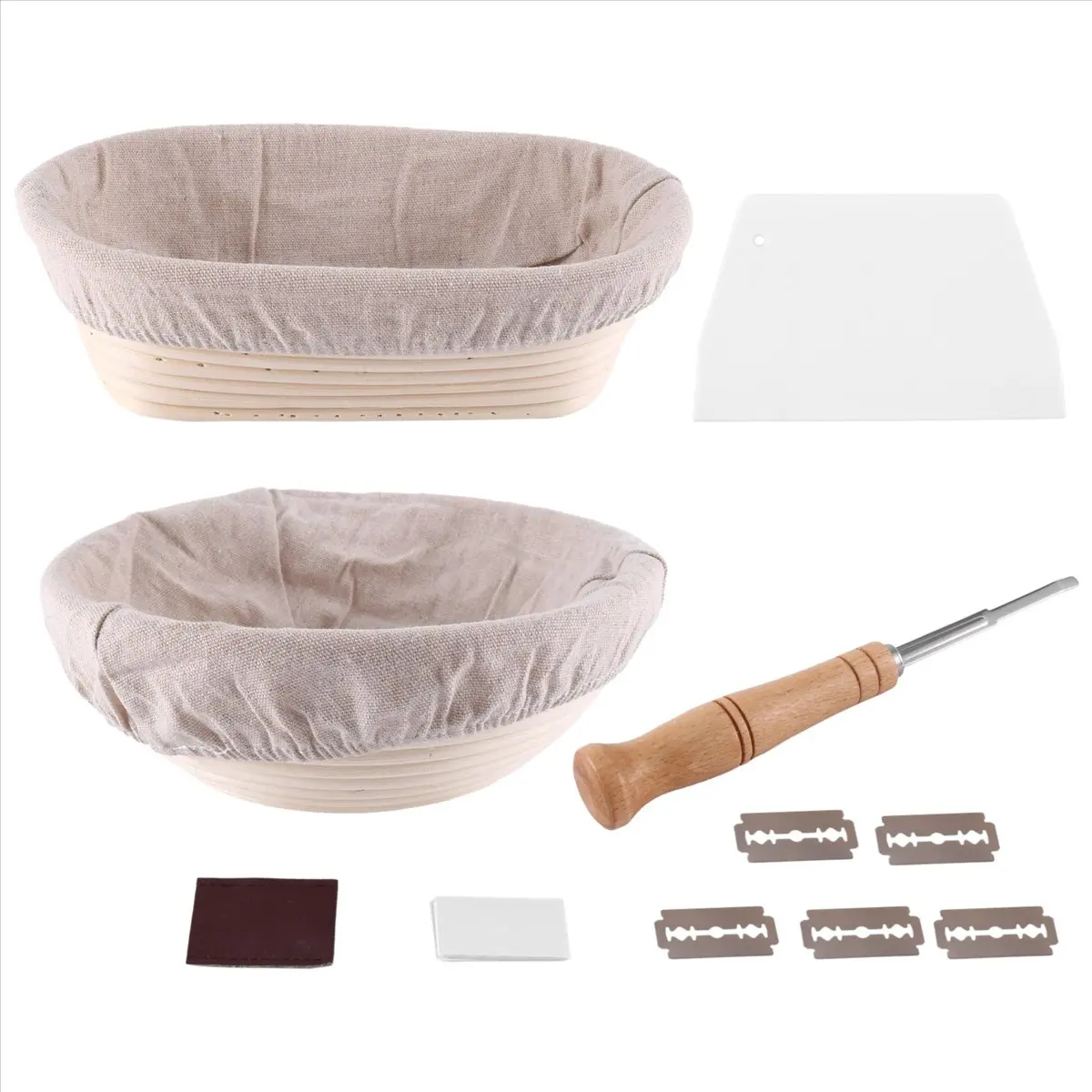 ABJS Proofing Basket Set of 2-10 Inch Oval, and 9 Inch Round+Premium Bread Lame and Slashing, the perfect Baking Bowl