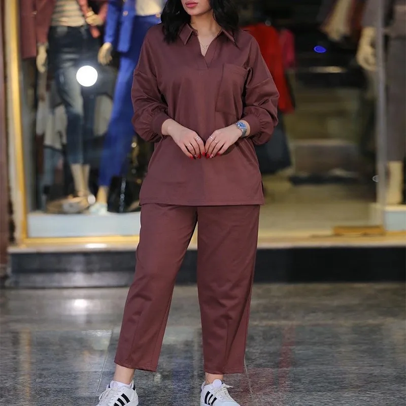 Women Tracksuit Pant Sets Pullover Tops Turn Down Collar Straight Pants Ankle Length Pockets Casual Solid Loose Drawstring