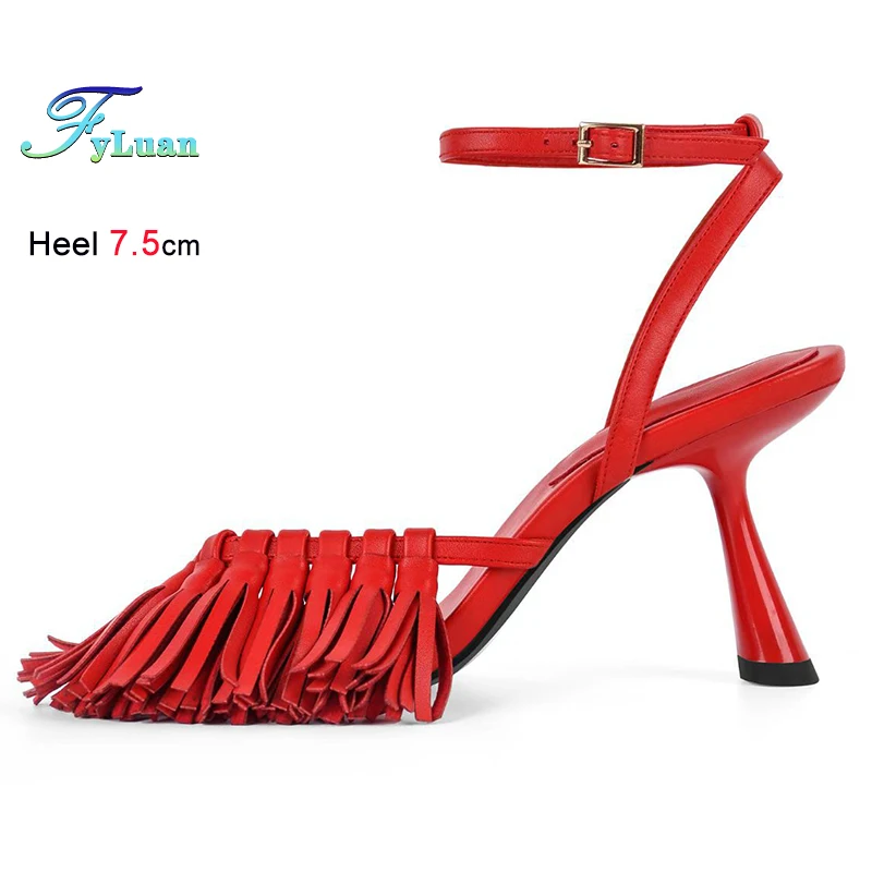 

Summer Red Women's Sandals Tassel Flip-flops Round Toe Ankle Buckle Strap Thin High Heels 7.5cm Sexy Ladies Pumps Party Shoes