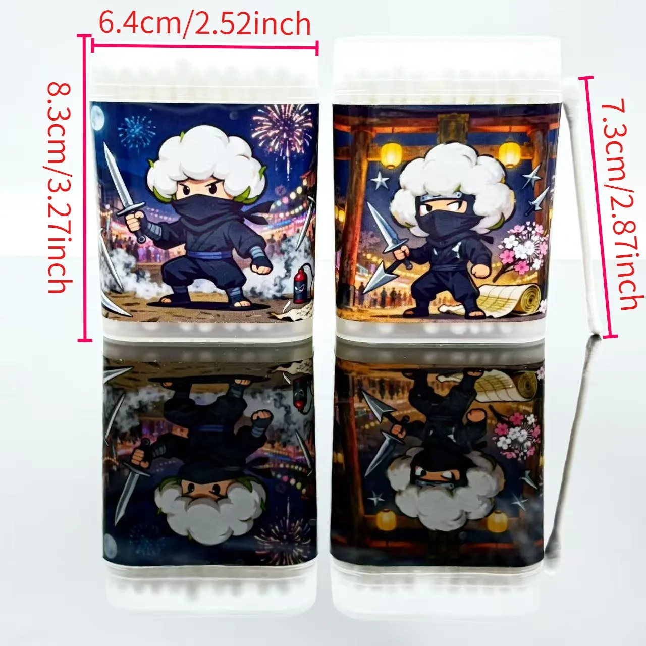 200 قطعة مسحات قطنية مبتكرة بطابع النينجا مزدوجة الأطراف ملعقة مستديرة إبداعية عنصر زي النينجا الأسود أعواد قطنية