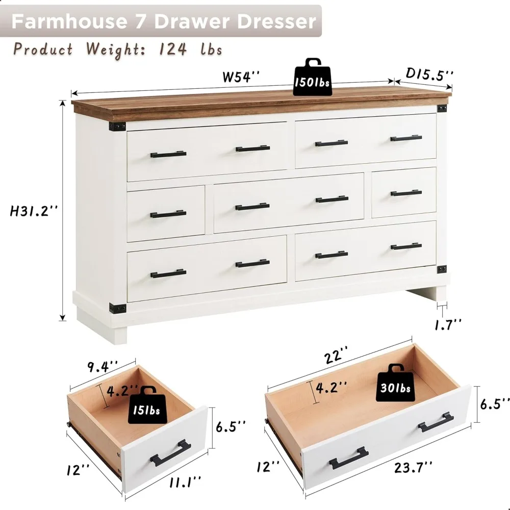 54 Inch Wide Dresser TV Stand with 7 Drawers, Storage, Wood Large Dressers & Chests of Drawers for Closet