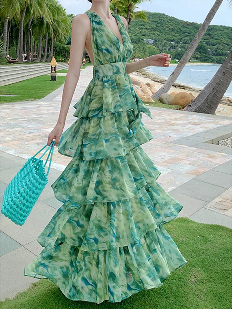 Women Summer Fashion Floral Green Printing Halter Bow Tie Neckline Backless Layered Long Casual Dresses Holiday