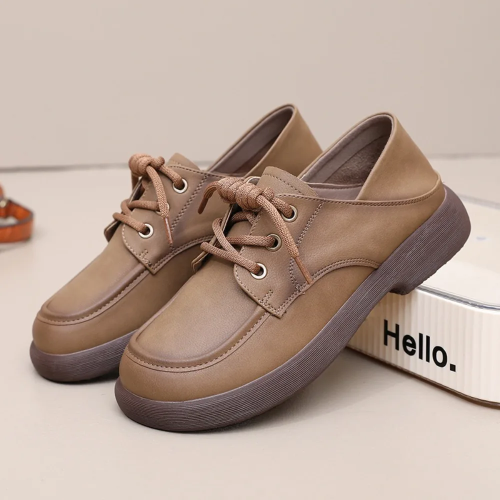 

Loafers Women's Spring Autumn New Leather Soft-soled Low-heeled Pumps Women's Thick-soled Lace-up Non-slip Casual Leather Shoes