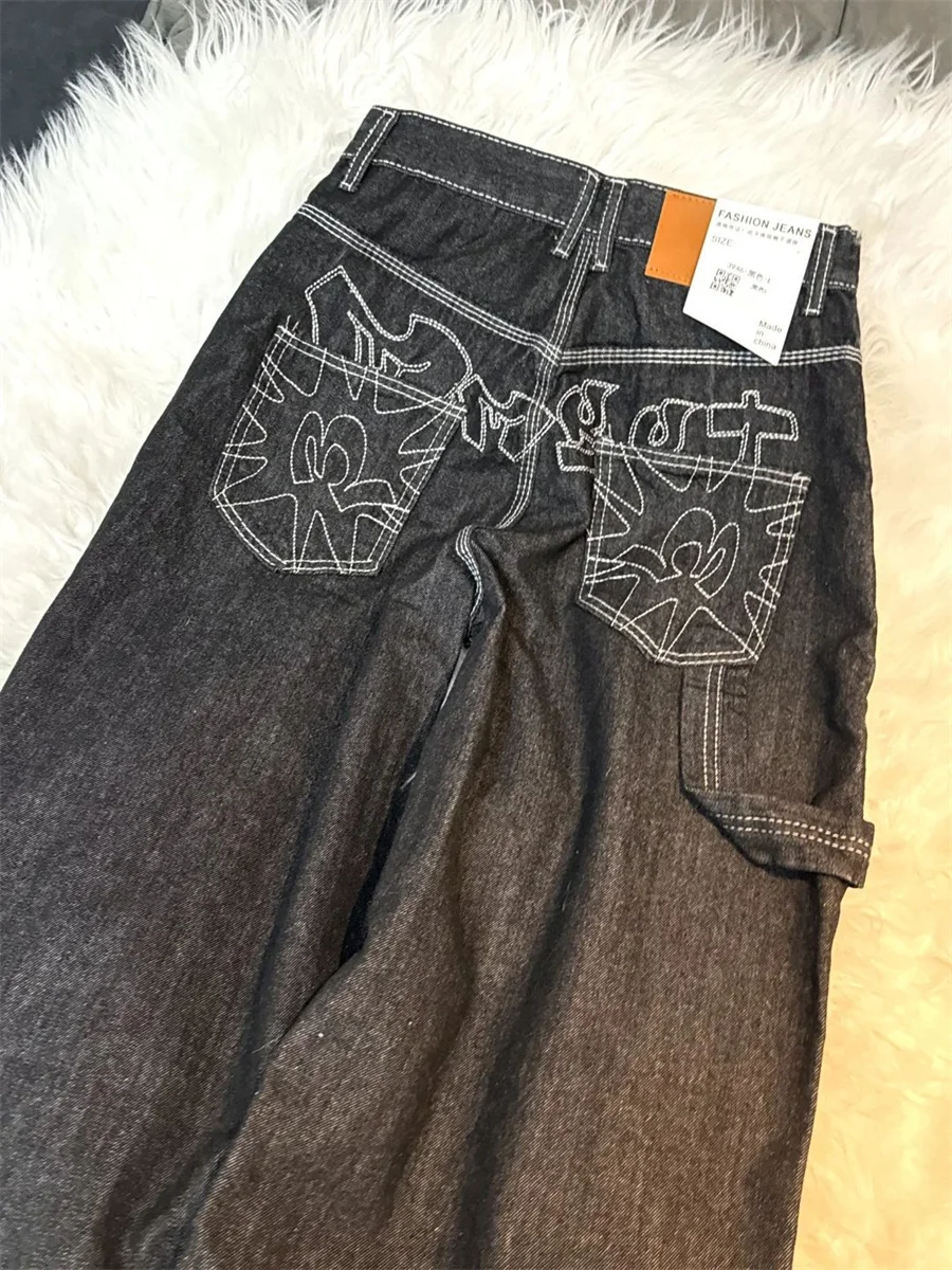 ヴィンテージ刺繍ブラックジーンズ女性特大ストリートグランジ Y2k だぶだぶのデニムパンツワイドレッグボーイフレンドジーンズヒップホップゴシック