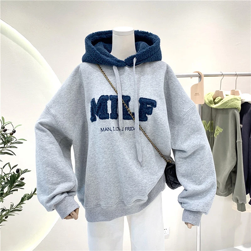 Fashion Patchwork Sweatshirt Women Winter Casual Loose Cotton Thick Letter Long Sleeve Hoodies Female Streetwear