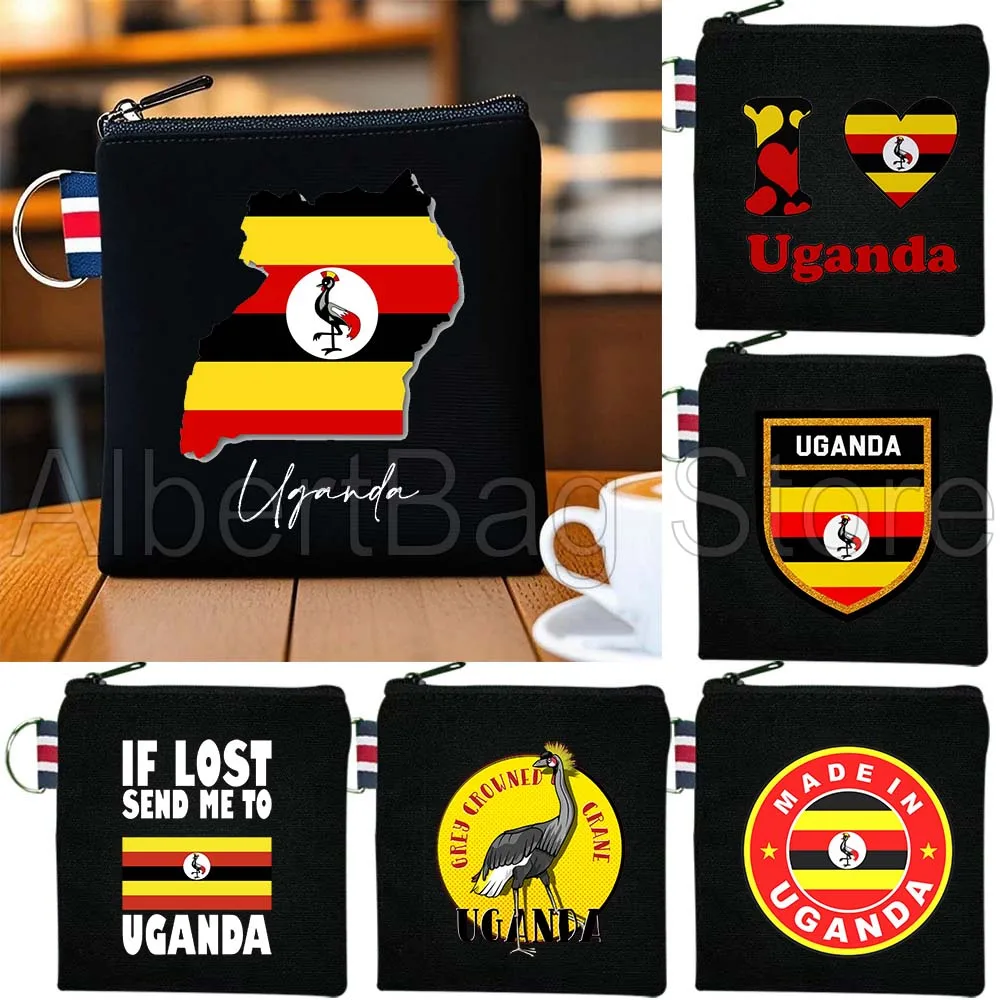 

African Uganda Country National Map Flag Gifts Canvas Key Coin Purse Small Square Cotton Bag Storage Card Wallets Holders Pouch