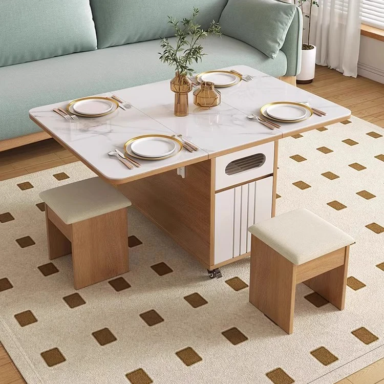 

Folding Kitchen Dining Table with Storage Rack 2 Storage Drawers, Space Saving Movable Kitchen Extendable Dining Table