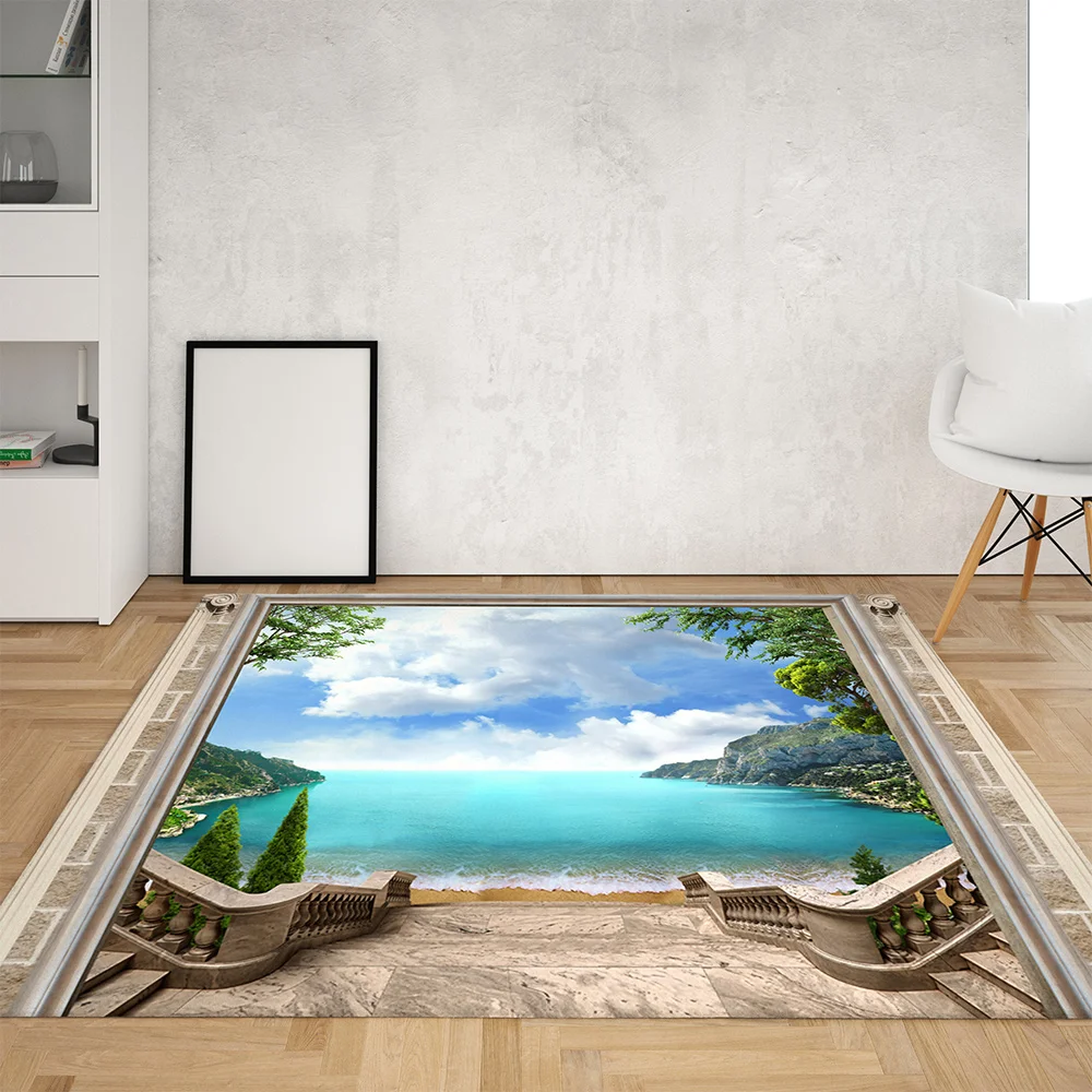 

3d Area Rugs Green Forest Park Sea Beach Large Mat Kitchen Living Room Bedroom Bathroom Decoration Beach Printed Stairs Carpet